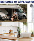 Wide applications image showing RV with One And A Half Inch Sanitary Waste Valve Kit With Self Sealing Membrane for sinks and toilets.