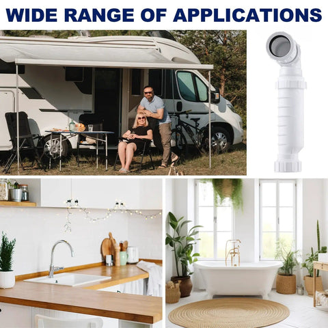 Wide applications image showing RV with One And A Half Inch Sanitary Waste Valve Kit With Self Sealing Membrane for sinks and toilets.