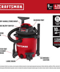 9 Gallon Wet Dry Vac With 4 Point 25 Peak HP, red portable shop vacuum with labeled features like hose, casters, and handle.