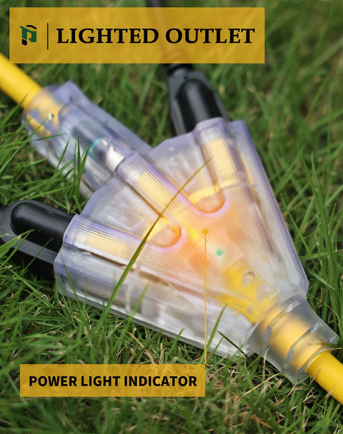 Heavy Duty 25 Ft Outdoor Extension Cord With Three Outlets Waterproof 12 Gauge 3 Prong SJTW Cable Lighted End 15 Amp 1875 Watt ETL Listed Go To Garage Garden And Home Durable Rugged Yard Power Cord Yellow with lighted ends shown in grass
