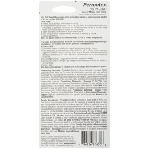 Back view of Permatex Ultra Red High-Temp Gasket Maker packaging, 3 oz tube.
