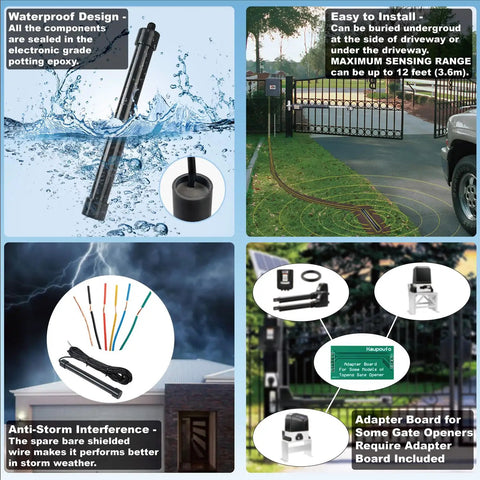 Universal Vehicle Exit Wand Sensor for Driveway Gates with 50 ft cable, waterproof and easy to install, shown underground with gate opener.