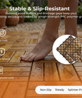 Barefoot on durable acacia hardwood interlocking deck tiles for patios and walkways snap together no tools required raised base