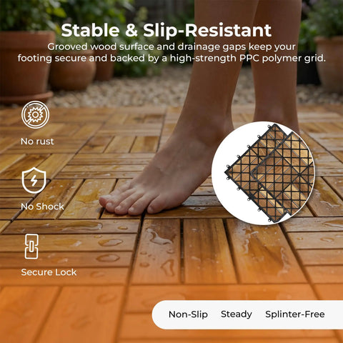 Barefoot on durable acacia hardwood interlocking deck tiles for patios and walkways snap together no tools required raised base