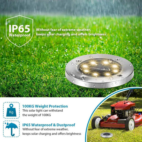 Solar Ground Lights 12 Pack With 8 LED Waterproof Disk Pathway Lights for Yard IP65 weatherproof in grass with mower.