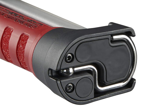 Close-up of Rechargeable 500 Lumen Compact LED Work Light With Color Rite Technology, metal clip and red casing.