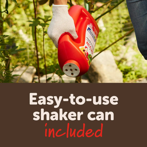 Person using Garden Perimeter Insect Granules 3lb for fast acting protection against 100 plus pests; easy-to-use shaker can