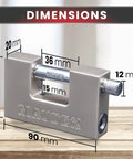 MDP 70 Heavy Duty Padlock With 0.59 Inch Shackle Clearance And 0.47 Inch Thick Bolt Nickel Plated Finish Anti Pick Anti Drill Cylinder Perfect Lock For Storage Units With Ten Keys displaying dimensions