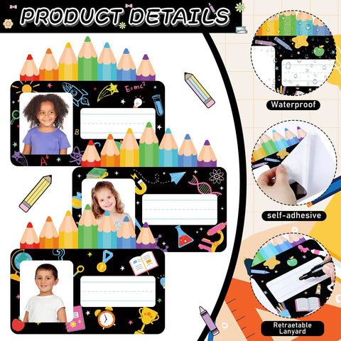 Colorful 36 Pack Desk Name Plates With Photo Space Self Adhesive Kids Name Tags For Classroom Organization 6.9 Inch Long 2.4 X 2.75 Inch Photo Window Great For Desks Bins Cubbies And Decor showing colorful designs and kids photos