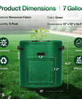 Five Pack 7 Gallon Fabric Potato Grow Bags With Handles And Roll Up Windows, Green, Nonwoven Fabric, Dimensions Displayed