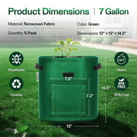 Five Pack 7 Gallon Fabric Potato Grow Bags With Handles And Roll Up Windows, Green, Nonwoven Fabric, Dimensions Displayed