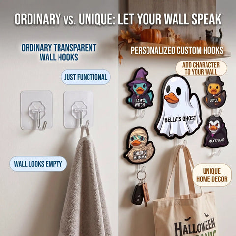 Custom Photo Wall Hooks Featuring A Personalized Name Duck Design No Drilling Acrylic Hangers For Keys And Towels Totally Dang Easy Peel And Stick Mounting For Bathroom Kitchen Door That Slaps On Instantly, showcasing unique hooks with decor.