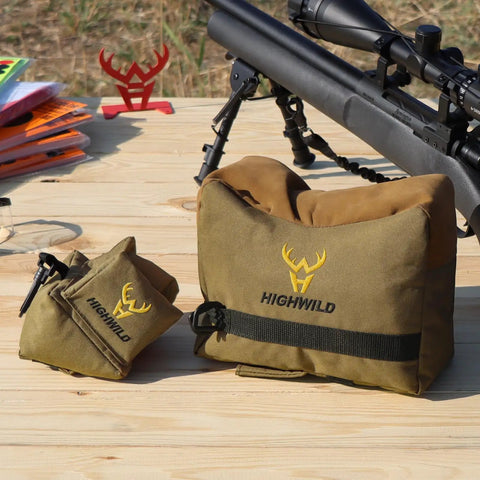 Range Ready Front And Rear Shooting Rest Bags Set Unfilled 900D Oxford Sandbags with Stand Holders on wooden table