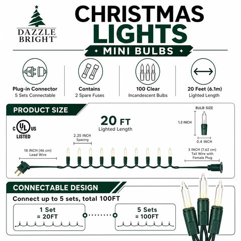 Christmas lights mini bulbs product features and specifications guide on a white background with green accents.