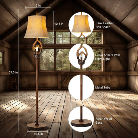 Cozy Farmhouse Vibe Antlers Floor Lamp With Night Light in rustic room, faux leather bell shade, brown finish, 63.5 in tall.