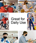 Collage of people using 100 Pack Black Disposable Face Masks 3 Ply Breathable Soft Non Woven Masks With Built In Nose Bridge And Elastic Ear Loops