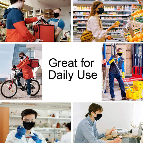 Collage of people using 100 Pack Black Disposable Face Masks 3 Ply Breathable Soft Non Woven Masks With Built In Nose Bridge And Elastic Ear Loops