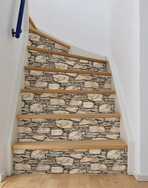 Hadrian Stone Peel And Stick Wall Covering Brown Removable Wallpaper on stair risers, creating a stone accent look on stairs.