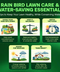 Rain Bird lawn care and water-saving essentials tips for healthy lawns, featuring zone division and weather adjustment advice.