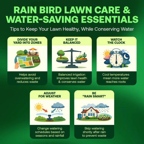 Rain Bird lawn care and water-saving essentials tips for healthy lawns, featuring zone division and weather adjustment advice.