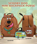 Snag This Totally Rad Scooby Doo Big Face Mini Backpack Purse Crafted From Premium Faux Leather With Detachable Mystery Machine Card Holder And Glitter 3D Ear Detail For Teens And Young Women, dimensions showing 10.5x8.5x4.5 inches.