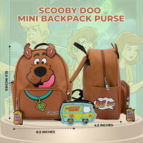 Snag This Totally Rad Scooby Doo Big Face Mini Backpack Purse Crafted From Premium Faux Leather With Detachable Mystery Machine Card Holder And Glitter 3D Ear Detail For Teens And Young Women, dimensions showing 10.5x8.5x4.5 inches.