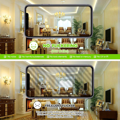 25 Watt Equivalent A15 LED Bulbs, 3W Low Watt, E26 Base, 2700K Warm White, comparison of no flicker vs frequent flicker in living room