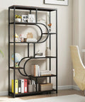 Modern 5 Tier Bookcase With Sturdy Open Metal Frame In Brown Black Oval Finish Freestanding Shelf For Living Room Or Office