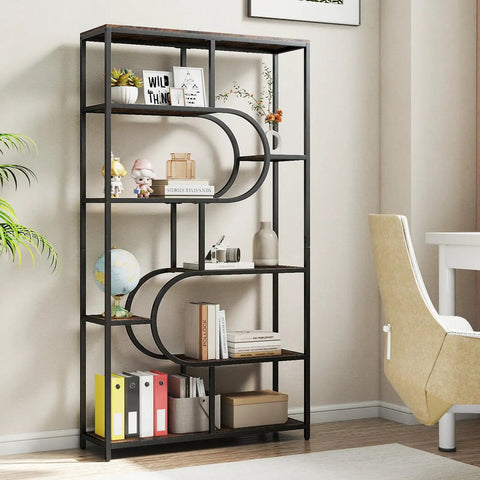 Modern 5 Tier Bookcase With Sturdy Open Metal Frame In Brown Black Oval Finish Freestanding Shelf For Living Room Or Office