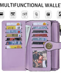 Women's RFID Blocking Trifold Wallet With Large Capacity Card Holder Purse, 25 Card Slots, Clear ID Windows, Zipper Pocket - open view