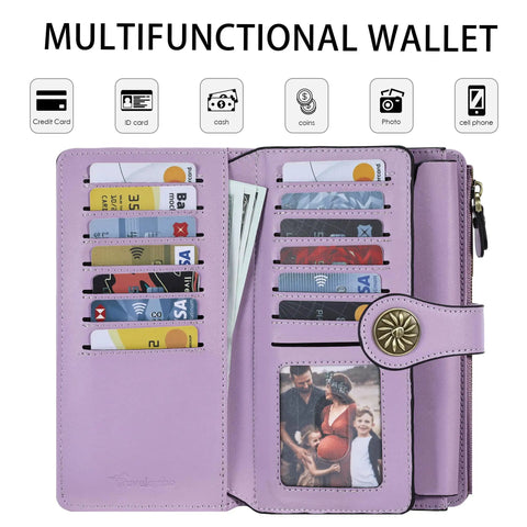 Women's RFID Blocking Trifold Wallet With Large Capacity Card Holder Purse, 25 Card Slots, Clear ID Windows, Zipper Pocket - open view
