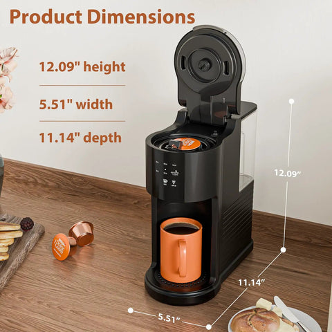 Two Way Single Serve Coffee Maker For Pods Or Ground Coffee, Quick Brew, dimensions and orange cup visible on a countertop