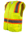 Fresh Two Tone Safety Vest Loaded With Bold Reflective Strips And Roomy Pockets For Guaranteed High Visibility Wrapped In Cool Airflow Mesh And Snappy Front Zipper, featuring bright neon yellow color and mesh fabric.