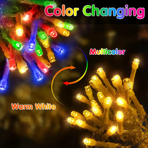 Mega 328Ft Outdoor LED Christmas String Lights with 720 LEDs dual color warm white to multicolor on clear wire illustrating color change
