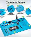 Silicone Soldering Mat 17.7 X 11.8 Inches Large Pro Grade Heat Resistant Up To 932 Degrees Fahrenheit Magnetic Anti Static Electronics Work Mat showcasing compartments for tools and components.