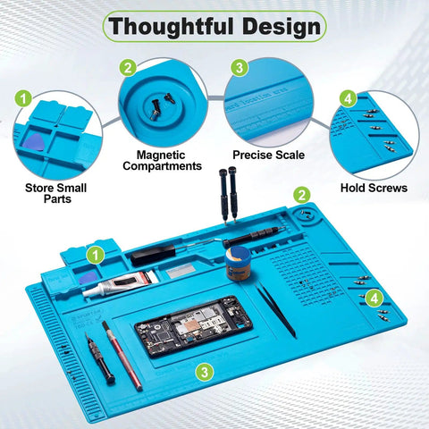 Silicone Soldering Mat 17.7 X 11.8 Inches Large Pro Grade Heat Resistant Up To 932 Degrees Fahrenheit Magnetic Anti Static Electronics Work Mat showcasing compartments for tools and components.