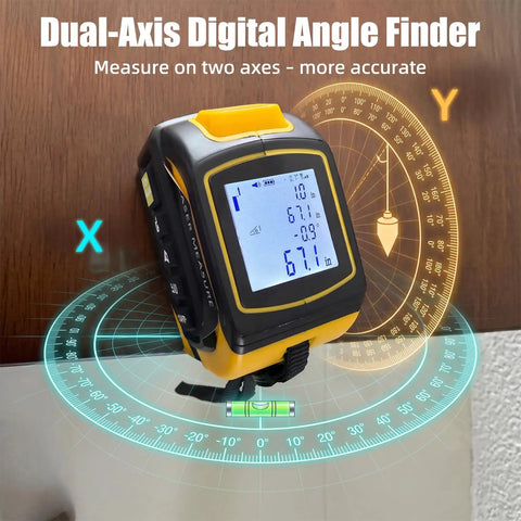 No Fuss 4 In 1 Laser Tape Measure With Slick 328ft Digital Distance Meter 16ft Autolock Tape Built In Cross Line Level And Precision Angle Finder Rechargeable showing dual-axis angle finder display.