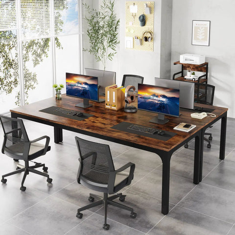 Extra Long 78.7 Inch Double Computer Desk For Two, Sturdy Home Office Workstation in brown and black, set up in modern office.