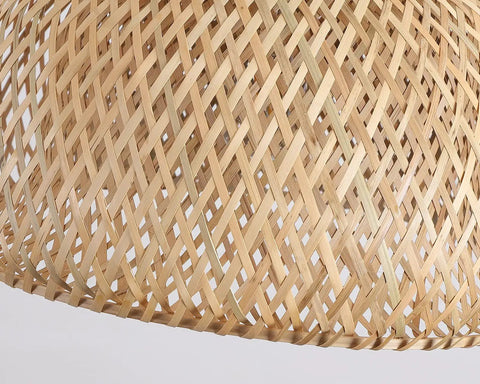 Close-up of the woven bamboo shade of the Roomy Bamboo Plug In Pendant Light With Dimmable Switch And 14 Foot Handmade Woven Cord.