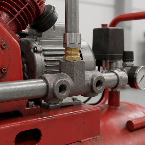 Four Way Pneumatic Connection Block with beefy cast iron construction and precision machined threads for air compressor system