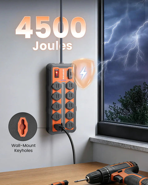 Heavy Duty 12 Outlet Power Strip With USB A And USB C Ports, 4500J Surge Protection, wall-mounted in a workshop by window