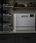 Top Shelf Compact Countertop Dishwasher Featuring Energy Star Efficiency Plus Delay Start Timer With Bright Led Interface Built Different For Small Kitchens Or Apartments To Crush Dirty Dishes Without Any Fuss In Sleek Silver on kitchen counter with features highlighted.
