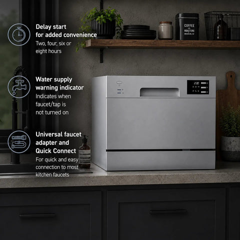 Top Shelf Compact Countertop Dishwasher Featuring Energy Star Efficiency Plus Delay Start Timer With Bright Led Interface Built Different For Small Kitchens Or Apartments To Crush Dirty Dishes Without Any Fuss In Sleek Silver on kitchen counter with features highlighted.