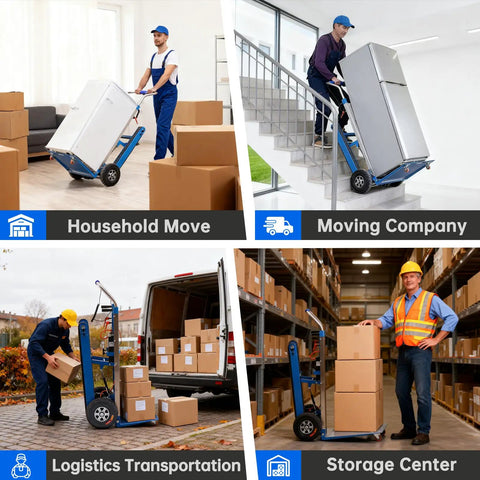 Motorized Electric Stair Climbing Dolly With Heavy Duty 900 Lbs Capacity And 1250w Motor For Tough Moving Jobs used in various moving scenarios.