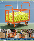 1800 Lbs Platform Truck Cart With Cage 6 In 1 Multi Functional Design Transforms Into Cage Cart Flatbed Dolly 2 Shelf Cart U Boat Truck Or 3 Side Fence Cart Hand Truck For Warehouse Groceries And Heavy Moving, orange steel cage cart with tennis balls on court