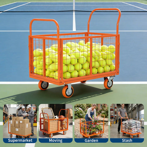 1800 Lbs Platform Truck Cart With Cage 6 In 1 Multi Functional Design Transforms Into Cage Cart Flatbed Dolly 2 Shelf Cart U Boat Truck Or 3 Side Fence Cart Hand Truck For Warehouse Groceries And Heavy Moving, orange steel cage cart with tennis balls on court