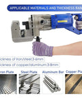 Person using Beast 1300W Electric Hydraulic Hole Puncher for steel, aluminum, and copper materials with visible thickness ranges.