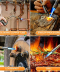 Collage showing Go-To Heavy Duty Propane Torch Kit With Trigger Start Igniter in use for soldering, loosening nuts, jewelry processing, and grilling.
