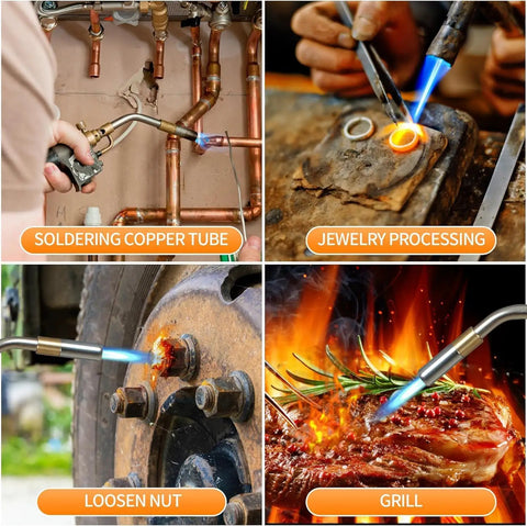 Collage showing Go-To Heavy Duty Propane Torch Kit With Trigger Start Igniter in use for soldering, loosening nuts, jewelry processing, and grilling.