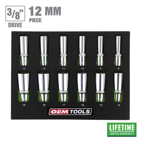 Deep Well Socket Set Three Eighths Inch Drive, Twelve-Piece Metric Socket Set 8mm to 19mm in EVA Foam Tray